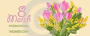 Bouquet of mimosa and pink tulips. Desing for March 8 International Women`s Day with flowers. Vector
