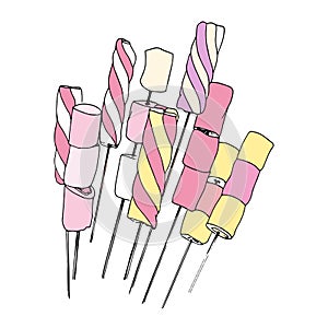 Bouquet of multi-colored mashmerlow on a stick