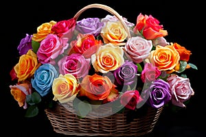 A bouquet of multi-colored roses in the rattan basket isolated on the black background.