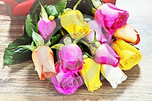 Bouquet of multicolor roses, closeup. St Valentine`s greeting ca