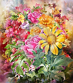 Bouquet of multicolored flowers watercolor painting style