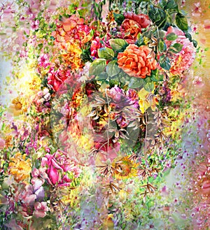 Bouquet of multicolored flowers watercolor painting style