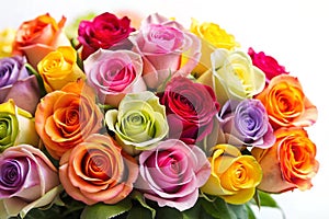 Bouquet of multicolored roses over white with copyspace photo