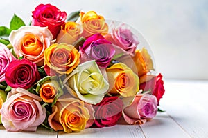 Bouquet of multicolored roses over white with copyspace photo