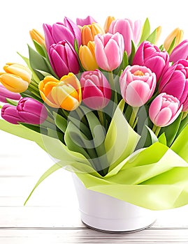 Bouquet of multicolored tulip flowers in white pot close up isolated on white background Ai Generated