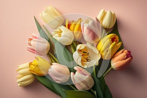 Bouquet of multicolored tulips flowers on pastel pink background. Spring tulip flowers. Top view. generative AI