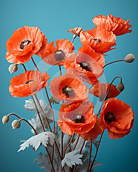 a bouquet of orange flowers in a vase on a blue background