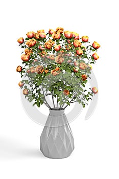Bouquet of orange roses in a glass gray round vase isolated on a white background