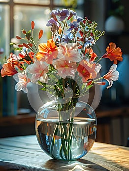 A bouquet of orange, white and blue flowers in a vase on a wooden tabletop smudged background. Flowering flowers, a symbol of