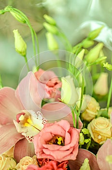 Bouquet with orchids and roses on a beautiful background photo