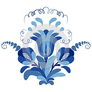 Bouquet of painted blue flowers in the style of traditional cobalt painting on porcelain. Single object of design isolated on