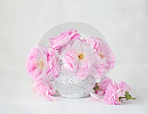 Bouquet of pale pink roses in clay vase on light grey background. Tea roses