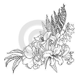 Bouquet of peonies, lilies and bluebells with a fern leaf