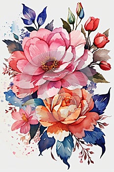 Bouquet of peonies and roses. Watercolor illustration with Generative AI