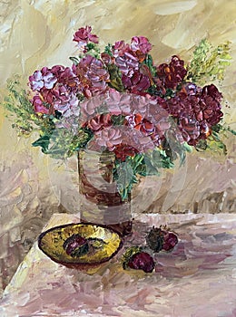 bouquet of phloxes and chestnuts on the table, oil painting