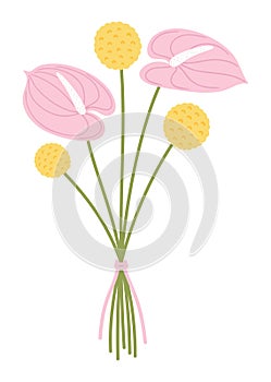 Bouquet with pink anthurium flowers and yellow wildflowers craspedia