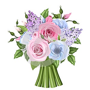 Bouquet of pink, blue and purple roses, lisianthus and lilac flowers. Vector illustration.