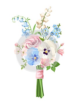 Bouquet of pink, blue and white flowers. Vector illustration.