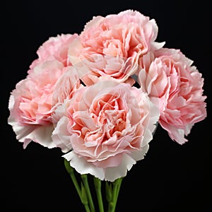 Bouquet of pink carnation flowers isolated on black background