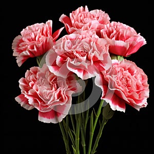 Bouquet of pink carnation flowers isolated on black background