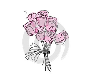Bouquet of pink chinese roses continuous line drawing. One line art of decoration, flowers, roses, garden flowers