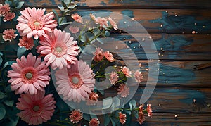 Bouquet of pink daisies on a wooden background with copyspace.