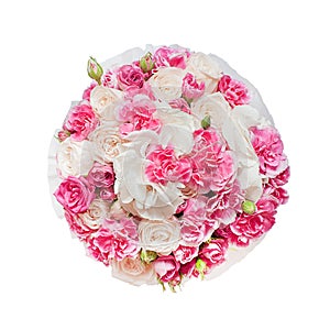 Bouquet of pink flowers in the box isolated on white background