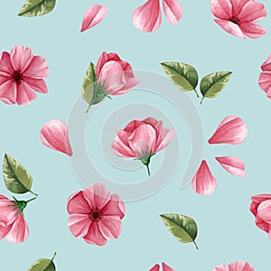 Bouquet of pink flowers with green leaf seamless pattern. Leaves, petals, buds isolated on blue background. Natural wallpaper. Spr