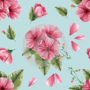 Bouquet of pink flowers with green leaf seamless pattern. Leaves, petals, buds isolated on blue background. Natural wallpaper. Spr