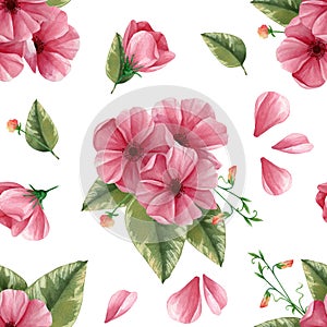 Bouquet of pink flowers with green leaf seamless pattern. Leaves, petals, buds isolated on white background. Natural wallpaper.