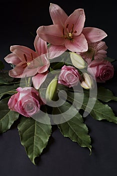 Bouquet with pink flowers, lilys and roses