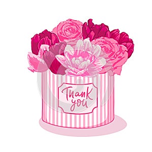 Bouquet with pink flowers, roses, tulips in pink gift box. Stylish fashion compposition for birthday, wedding