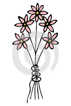 Bouquet of pink flowers. The flowers are tied with thread. Cartoon style. Flowering plants