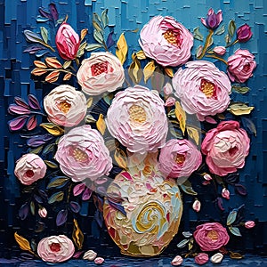 A bouquet of pink flowers in a vase on a blue background. Printable digital oil painting, impasto. Generative AI