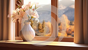 Bouquet of pink flowers in a white vase on a wooden table by the window.