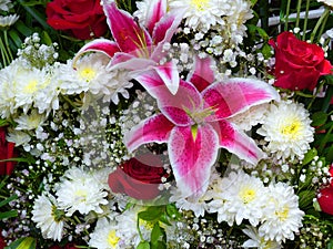 Bouquet of pink fresh lilies and white golden daisy.