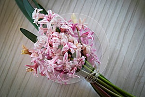 Bouquet of pink hyacinth flower with leaves