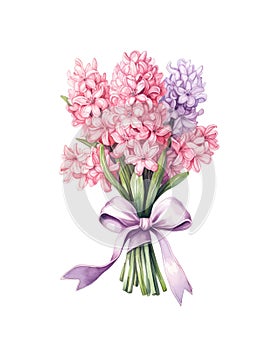 Bouquet of pink hyacinths tied with pink ribbon.