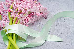 A bouquet of pink hyacinths tied with a salad colored ribbon lies on a gray surface. Woman`s Day or Mother`s Day gift