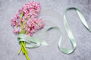 A bouquet of pink hyacinths tied with a salad colored ribbon lies on a gray surface. Woman`s Day or Mother`s Day gift