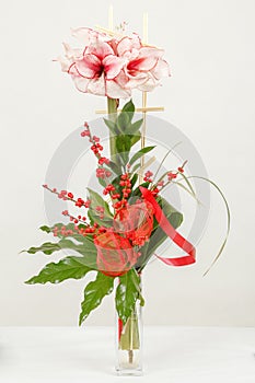 Bouquet of pink lily flower in vase on white