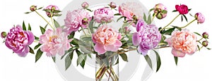 a bouquet of pink peonies arranged in a glass vase, isolated against a pristine white background, offering various