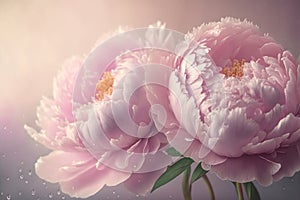 Bouquet of pink peonies covered with dew drops. Photorealistic illustration Generated by AI
