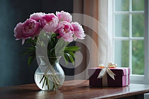 bouquet of pink peonies in glass vase and gift box on table
