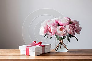 bouquet of pink peonies in glass vase and gift box on table