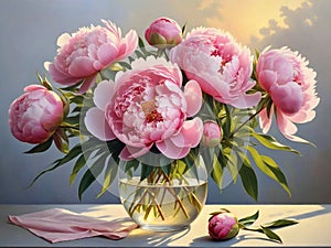 Bouquet of Pink Peonies at Golden Hour in the Morning photo