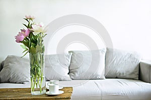 Bouquet of pink peonies in living room