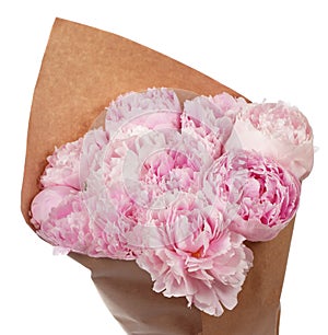 Bouquet of pink peonies in parchment