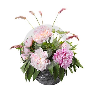 Bouquet of pink peonies and sorrel in a vase photo