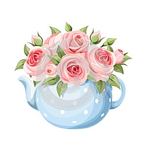 Bouquet of pink roses in a blue teapot. Vector illustration.